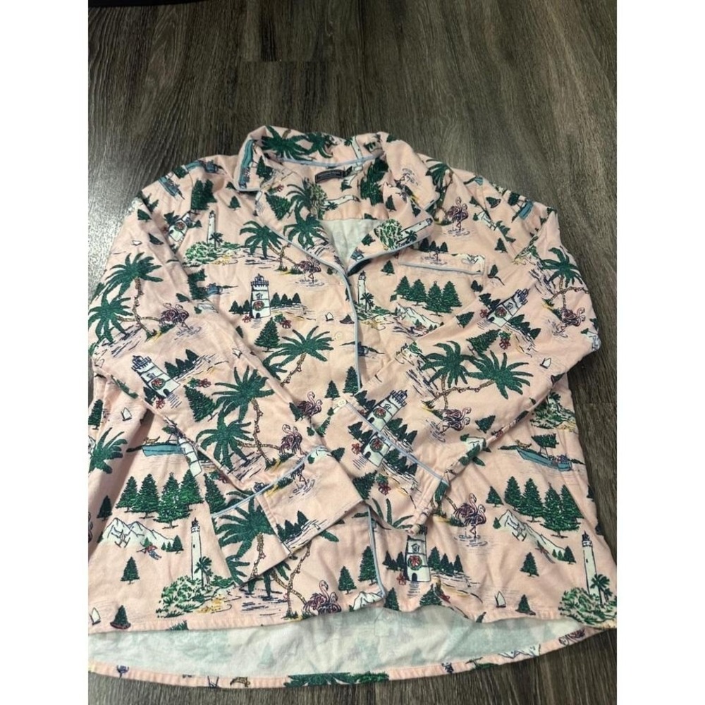 Vineyard Vines Pajama Top Pink Tropical Flamingo Lighthouse Palm Print Size L